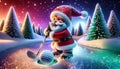 Cartoon style Santa Claus playing golf amid snowy pines under starlit sky.Generative AI Royalty Free Stock Photo