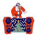Santa Claus DJ in Red Traditional Costume and Headset Making Music at Console at Night Club. Cool Christmas Disco Party