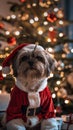 Santa claus dog in front of christmas tree Royalty Free Stock Photo