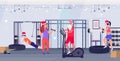 Santa claus doing exercises on stepper treadmill people training workout healthy lifestyle concept christmas new year