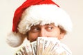 Santa claus with dollar money, isolated on white. Christmas, holidays, winning, currency and people concept. Santa holding cash. C Royalty Free Stock Photo