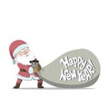 Santa Claus dragging a big sack with quote `Happy New Year!`