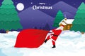 Santa Claus is dragging a huge bag full of Christmas presents across the snow on Christmas eve Royalty Free Stock Photo