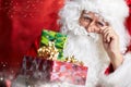 Santa Claus drinking tea Closeup Portrait Isolated on red Royalty Free Stock Photo