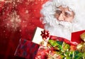 Santa Claus drinking tea Closeup Portrait Isolated on red Royalty Free Stock Photo