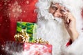 Santa Claus drinking tea Closeup Portrait Isolated on red Royalty Free Stock Photo