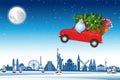 Santa Claus drive red car fly over world landmarks across snow with Christmas tree to send gifts to everyone Royalty Free Stock Photo