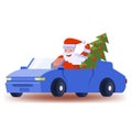 Santa Claus drives a car with an elegant Christmas tree Royalty Free Stock Photo