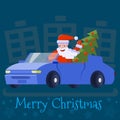 Santa Claus drives a car with an elegant Christmas tree Royalty Free Stock Photo