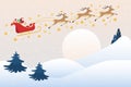 Santa Claus drives sleigh with reindeer on the full moon sky, flat cartoon Royalty Free Stock Photo