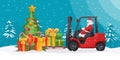 Santa Claus driving a forklift loading gifts on a snowy Christmas winter night. Christmas campaign for cargo logistics and