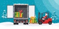 Santa Claus driving a forklift. Loading gifts to container truck. Christmas night landscape. Christmas campaign for cargo