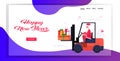 Santa claus driving forklift truck loading colorful gift present boxes merry christmas happy new year holiday Royalty Free Stock Photo