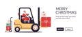 Santa claus driving forklift truck loading colorful gifts merry christmas happy new year express delivery concept