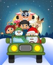 Santa Claus Driving a Green Car Along With Reindeer, Snowman, Children, and Full Moon