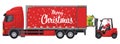 Santa Claus driving a red forklift loading gift boxes into a container truck for distribution. Christmas campaign for cargo