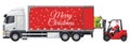 Santa Claus driving a red forklift loading gift boxes into a container truck for distribution. Christmas campaign for cargo