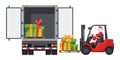 Santa Claus driving a red forklift loading gift boxes into a container truck for distribution. Christmas campaign for cargo