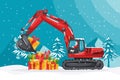 Santa Claus driving a tracked or crawler excavator loading boxes of gifts. Christmas winter with snow. Celebrating the beginning