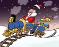 Santa Claus driving a train with gifts