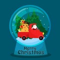 Santa Claus is driving a truck carrying reindeer and a fir tree. Christmas scene in a glass bowl. Christmas greeting vector card. Royalty Free Stock Photo