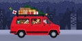 Santa Claus driving a van and carrying Christmas gifts