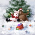 Santa claus drunk with bear, comic illustration, christmas card in watercolor style with cartoon characters