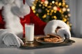 Santa Claus eating cookies and drinking milk at table, closeup Royalty Free Stock Photo