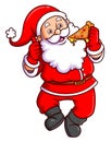 The santa claus is eating very delicious pizza and giving thumb up