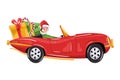 Santa claus elf driving a retro cartoon old classic car carrying gifts to celebrate merry christmas Royalty Free Stock Photo