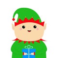 Santa Claus Elf face head icon. Gift box. Green hat. Merry Christmas. New Year. Cute cartoon funny kawaii baby character. Greeting Royalty Free Stock Photo