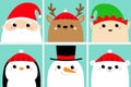Santa Claus Elf Raindeer Deer Snowman Bear Penguin Bird Face Head Icon Set. Merry Christmas. New Year. Cute Cartoon Funny Kawaii