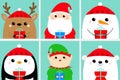 Santa Claus Elf Raindeer Deer Snowman Bear Penguin Bird Holding Gift Box. Face Head Icon Set. Merry Christmas. New Year. Cute