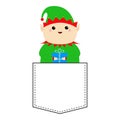 Santa Claus Elf round face head holding gift box. Green hat. T-shirt pocket. Merry Christmas. New Year. Cute cartoon funny kawaii Royalty Free Stock Photo