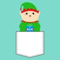 Santa Claus Elf round face head holding gift box. Green hat. T-shirt pocket. Merry Christmas. New Year. Cute cartoon funny kawaii Royalty Free Stock Photo