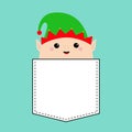 Santa Claus Elf round face head icon. Green hat. T-shirt pocket. Merry Christmas. New Year. Cute cartoon funny kawaii baby Royalty Free Stock Photo