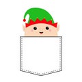 Santa Claus Elf round face head icon. Green hat. T-shirt pocket. Merry Christmas. New Year. Cute cartoon funny kawaii baby Royalty Free Stock Photo