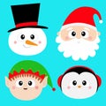 Santa Claus Elf Snowman Penguin bird round face head icon set. Merry Christmas. New Year. Cute cartoon funny spooky baby character Royalty Free Stock Photo