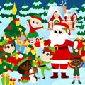 Santa Claus with elves outside near the Christmas tree. Winter landscape near Santa\'s snowy house.