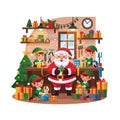 Santa Claus with Elves Working in Workshop Preparing Gifts for Christmas Royalty Free Stock Photo