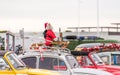 Santa Claus at the exhibition of retro cars Volkswagen, Agde, France. Copy space for text.