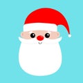 Santa Claus face head icon. Big red hat. Red nose. Merry Christmas. New Year. Moustaches, round beard, brow. Cute cartoon funny Royalty Free Stock Photo