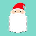 Santa Claus face head icon. T-shirt pocket. Merry Christmas. New Year. Red hat. White moustaches, beard. Cute cartoon funny kawaii Royalty Free Stock Photo