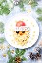 Santa Claus face made of fruits and marshmallow on a plate. Christmas food for children. Top view Royalty Free Stock Photo