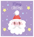 Santa claus face stars snow merry christmas card