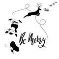 Santa Claus fall from sleigh with harness on the reindeer. Black and white vector illustration. Be merry. Royalty Free Stock Photo