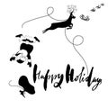 Santa Claus fall from sleigh with harness on the reindeer. Black and white vector illustration. Happy Holidays. Royalty Free Stock Photo