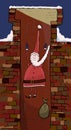 Santa Claus falling in a brick chimney.