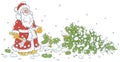 Santa Claus and a felled green fir tree on snow Royalty Free Stock Photo