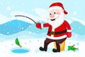 Santa Claus fishing rod catches fish in the hole.